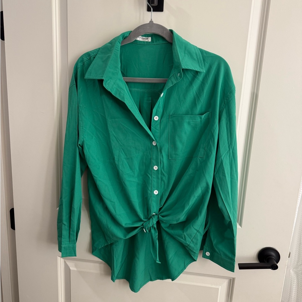 Emerald Button-Down Women's Shirt with Front Tie